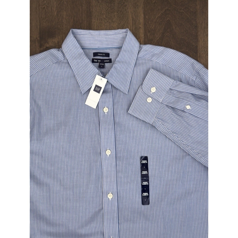 NWT Gap Mens Classic Fit Blue Striped Button Down Long Sleeve Shirt Size Large